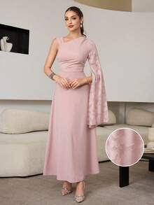 Modelyn Elegant Jacquard Fabric Asymmetrical Shoulder Waist Cinched Party Dress - Baby Pink - View 1