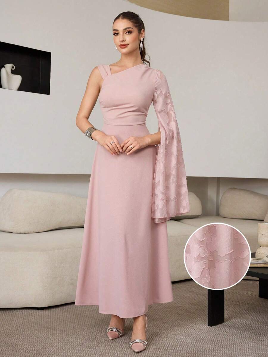 Modelyn Elegant Jacquard Fabric Asymmetrical Shoulder Waist Cinched Party Dress - Baby Pink - View 1