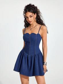 Jeanoix Women's Pleated Casual/Date/Travel Denim Cami Dress - Dark Wash - View 3