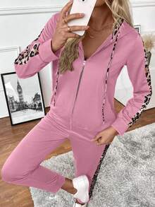 EURMUSE 2pcs Women Leopard Print Zip-Up Hooded Long Sleeve Top And Pants Set - Rusty Rose - View 3