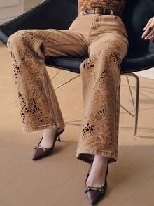 Anewsta Quần jeans nữ màu nâu thêu họa tiết cao cấp, thích hợp cho mùa xuân/hè, thanh lịch khi đi làm, hoặc dịp Lễ Tình nhân. - màu nâu - Xem 7