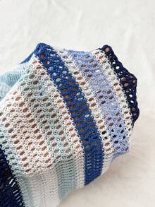 SHEIN Teen Girls Blue & White Striped V-Neck Hollow Out Beach Cover Up, Versatile Holiday Essential