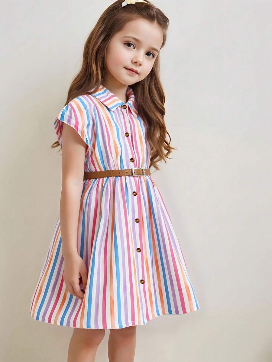 Elladie kids Đầm sơ mi dáng rộng, vai rớt, kẻ sọc nhiều màu sắc, cổ bẻ, cài cúc phía trước dành cho bé gái, kèm thắt lưng thời trang, thích hợp cho mặc hàng ngày hoặc thoải mái trong các kỳ nghỉ. - Nhiều màu - Xem 1