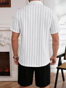 Core Aspect 男士白色提花条纹休闲黑色短袖衬衫和短裤套装 - 白色 - 查看 2