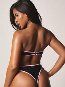 Missguided x Playboy 抹胸撞色包边两件套，高腰泳裤搭配无肩带上衣，夏季海滩度假泳装系列 - 黑色 - 查看 3