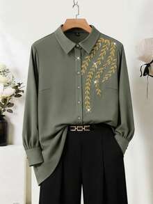 Lacomfia 大码女式亮片植物图案长袖单排扣阿拉伯风格上衣 - 橄欖綠 - 查看 1