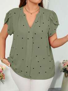 Reflora Plus Size Notch Neck Petal Sleeve Heart Print Minimalist Top Valentines - Mint Green - View 5