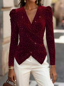 Balvessa Rhinestone Velvet Criss-Cross Neck Elegant Party Long Sleeve Women T-Shirt - Burgundy - View 3