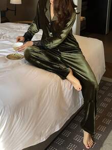 DAZY 2pcs Women Lace Patchwork Loose Cardigan Long Sleeve & Pants Pajama Set - Army Green - View 4