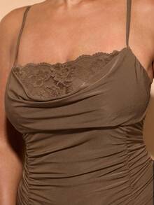 SHEIN BAE Áo liền thân dệt kim cổ tim mùa hè dành cho nữ cỡ lớn, phối ren và xếp ly, màu đen. - màu nâu - Xem 7