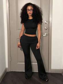 Slaydiva 早春新款，春夏音乐节，情人节，复活节休闲风，简约基础款，Y2K街头甜美风，网红热销款，日常约会，辣妹风，性感运动风，低腰，喇叭腰，侧系带设计，黑色长裤，女士长裤 -A - 黑色 - 查看 8