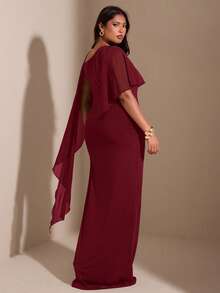 SHEIN BAE 优雅纯色不对称无袖修身连衣裙 - 酒紅色 - 查看 2