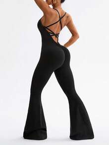 Dewbera 1pc Women's Seamless Backless Criss-Cross Waist V-Neck Sports Jumpsuit For Running, Fitness, Yoga, Dance, Leotard - Black - View 3