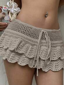 Sunnyshic Women's Vacation Style Beach Ruffle Trim Mini Knit Skirt - Khaki - View 7