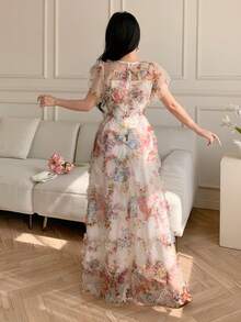 Celisse Women's Textured Mesh Printed X-Shaped Waist Dress, Elegant & Romantic, Spring/Summer - Multicolor - View 2