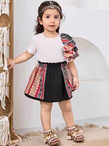 Baby Girl Geometric Print Ruffle Trim Round Neck Top And Skirt Casual Set - Black - View 1