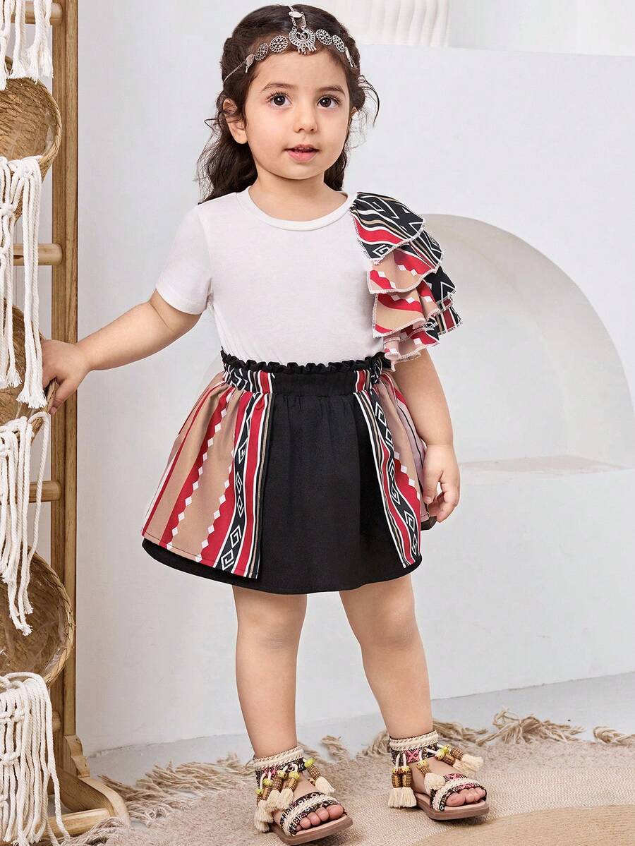 Baby Girl Geometric Print Ruffle Trim Round Neck Top And Skirt Casual Set - Black - View 1