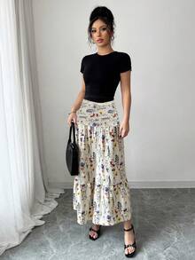 Selianne 女士优雅碎花高腰层叠A字裙，春夏款 - 杏色 - 查看 6