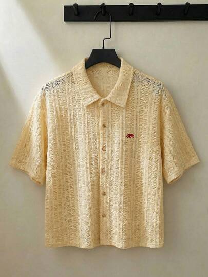 ESTAVOR Men's Summer Casual Vacation Style Polar Bear Embroidery Mesh Hollow Short Sleeve Shirt