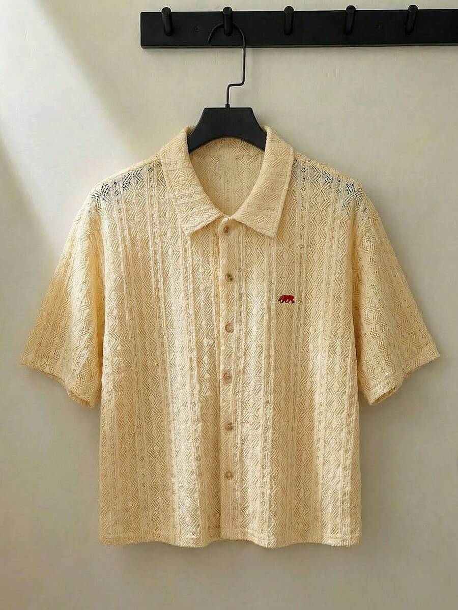ESTAVOR 男士夏季休闲度假风北极熊刺绣网眼镂空短袖衬衫 - 黃色 - 查看 1