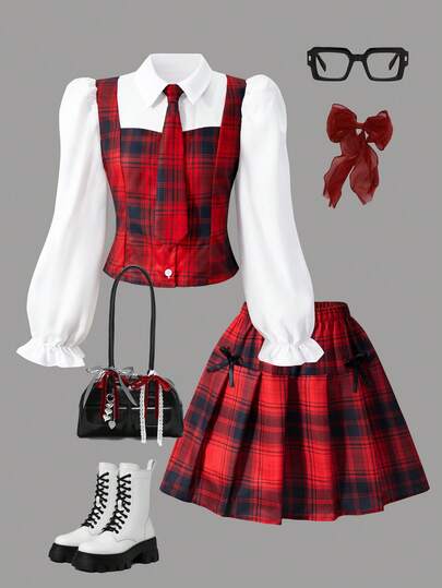 Sparklyn Girls' Plaid Collared Splice Preppy Style Cardigan With Puff Sleeves & Elastic Waist Pleated Skirt, Suitable For Spring/Autumn School, Commute, Outing, Stroll, Pair With Coats, Jackets Vintage School Clothes School Girl Outfit Teens Girls Red Plaid Sets