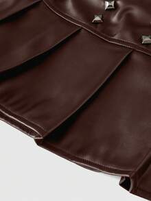 ROMWE Avant 音乐节PU朋克铆钉超低腰褶皱装饰女式迷你裙 - 咖啡棕 - 查看 10