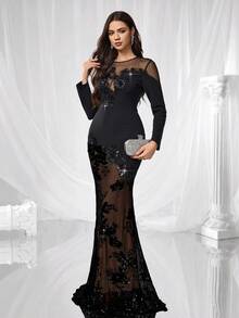 Coutiva Vestido de noche formal sexy y ajustado con cuello redondo, manga larga y transparente (muy enjoyado) - Granate - Ver 1