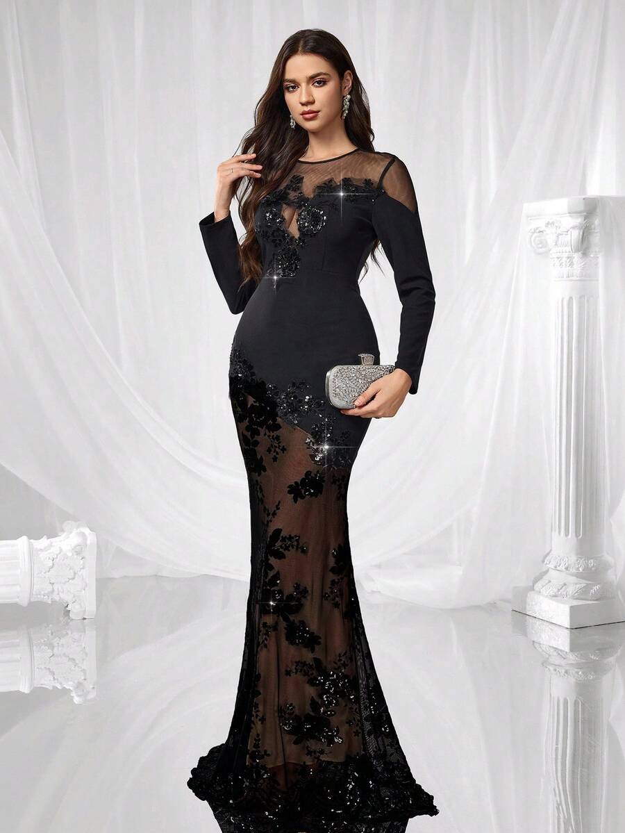 Coutiva Vestido de noche formal sexy y ajustado con cuello redondo, manga larga y transparente (muy enjoyado) - Granate - Ver 1