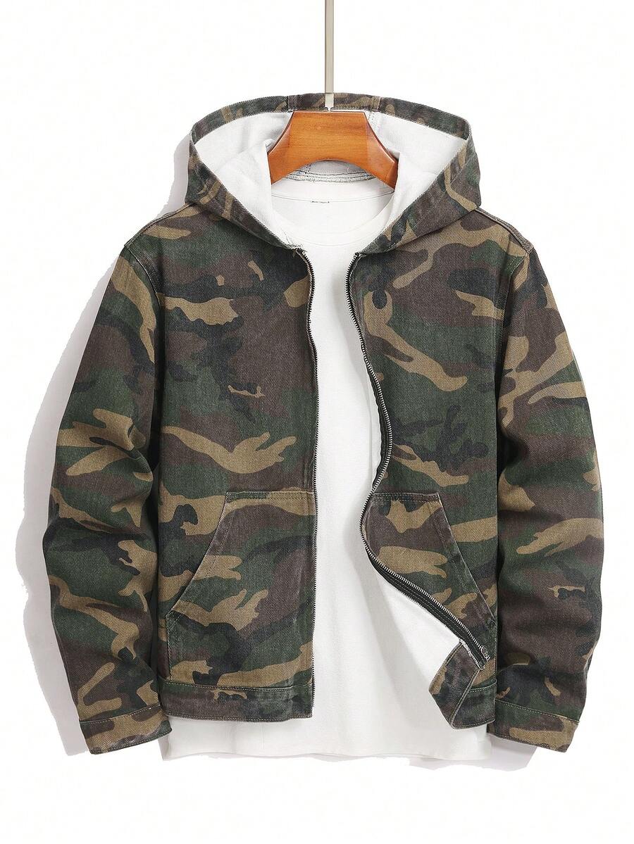Manfinity EMRG Men's Casual Camouflage Zip-Up Hooded Denim Jacket, Autumn - Army Green - View 1