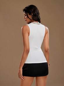 TRNVIE 1pc Women's Lace Trim Deep V-Neck Backless Top, Sexy Fitted Party Clubwear - White - View 2