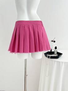 Elamini Women's Casual Versatile Denim Skirt With Pleated Ruffled Hem - Pink - View 2