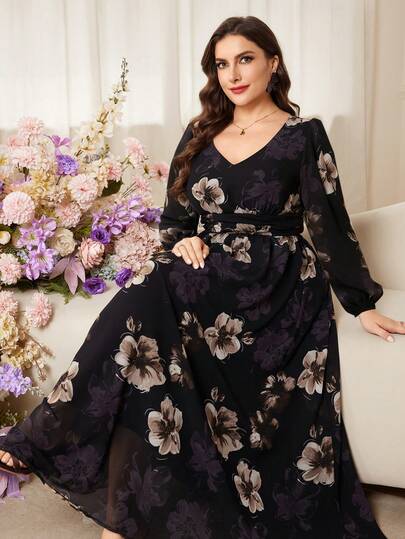 Modelyn Romantic Chiffon Floral Print Long Sleeve A-Line Plus Size Maxi Dress, Spring/Summer