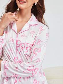 Bonmuse 2pcs Casual Elegant Ribbon Bow Print Loungewear Pajama Set For Women, Includes Long Sleeve Lapel Top And Relaxed Elastic Waist Pants, Suitable For Sleepwear And Homewear, All Season, Winter Clothes - White - View 6