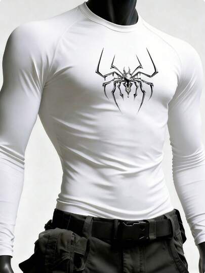 Manfinity Sport PWRUP Men's Spider Print Raglan Long Sleeve Casual Fitness Workout T-Shirt Compression Shirt Men Mens Compression Tops Men S Compression Shirts Graphic Compression Shirt