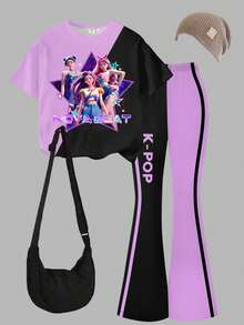 طقم بنطلون وتي شيرت قصير الأكمام للبنات الصغيرات، بطبعات كرتونية وألوان متباينة، مناسب للارتداء الكاجوال في الربيع والصيف - متعدد الألوان - مشاهدة 3