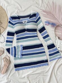 SHEIN Teen Girls Blue & White Striped V-Neck Hollow Out Beach Cover Up, Versatile Holiday Essential