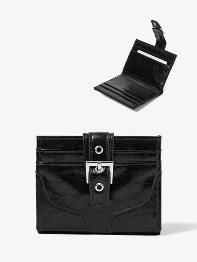 Viva Strut 1pcs Black Cracked Glossy Leather Short Wallet, Metal Buckle Multi-Card Wallet, Simple Large-Capacity Card Bag