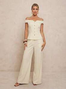 Lumalex Early Spring Off-Shoulder Front-Open Cinched Waist Loose Wide-Leg Pants Women Suit Set PreSpring Vacation Birthday Outfits Wedding VDayGiftGuide RomanticVDayOutfit Guest Wedding VDayGiftGuide RomanticVDayOutfit Party Summer Holiday Beach Outfits Luxury Look LuxeLooks QuietLuxe Prom Gathering Party Banquet Modest Old Money Coquette Rave Festival Richly Layered Party - Apricot - View 7