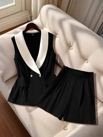 GlowEve CURVE Women's Fashionable Elegant Contrast Color Sleeveless Double-Breasted Blazer And Shorts Suit Set