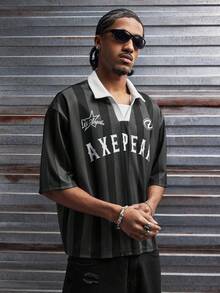 AXEPEAK 男士休闲字母条纹印花 Polo 衫 - 黑色 - 查看 5