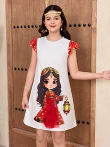 SHEIN Tween Girl Ramadan Casual Cute Girl Pattern Layered Mesh Cap Sleeve Loose Dress, Versatile For Various Occasions - Red - View 5