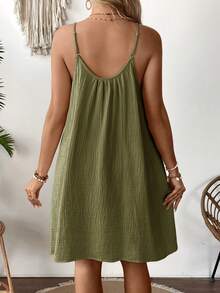 SHEIN Đầm bầu không tay xếp ly màu trơn kiểu dáng thường ngày - xanh quân đội - Xem 2