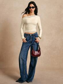 Poéselle Women's Casual Apricot Knitted Crop Top With Asymmetrical Neck Long Sleeves And Ruched Lace Details - Apricot - View 4
