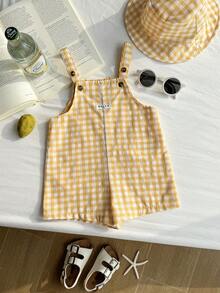 SHEIN 2件套新生儿男女通用休闲可爱黄色格子背带短裤和帽子套装，适合生日派对、锐舞派对、晚宴、表演、婚礼、满月、洗礼和一周岁生日庆祝活动。 - 彩色 - 查看 7