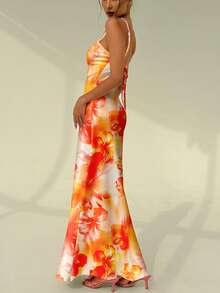 Aloruh 橙色扎染芙蓉花印花吊带紧身性感连衣裙，适合度假、海滩、音乐节、情人节等场合。 - 橘色 - 查看 11