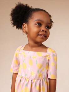 SUMWON 女童荷叶袖柠檬印花粉色连衣裙，方领设计，夏季休闲A字及膝连衣裙，适合节日场合穿着 - 粉色 - 查看 4
