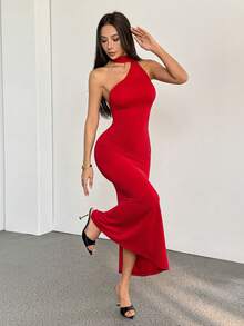 SHEIN PETITE 女士纯红色露背吊带长裙，适合约会、圣诞节、感恩节派对 - 紅色 - 查看 6