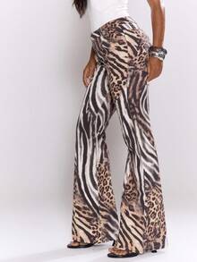 MUSERA Fitted Asymmetric Waist Low Rise Print Flare Jeans Cool Girl, , Going Out, Sexy, Crimson Winter Chic Summer - Brown - View 4