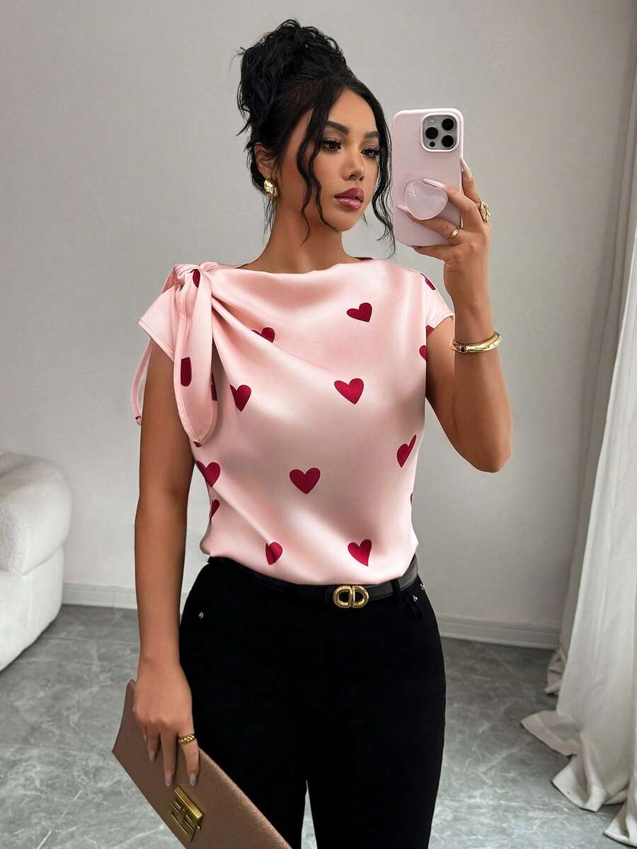 Selianne Valentine's Day Heart Shaped Asymmetric Shoulder Tie Blouse For Women - Baby Pink - View 1