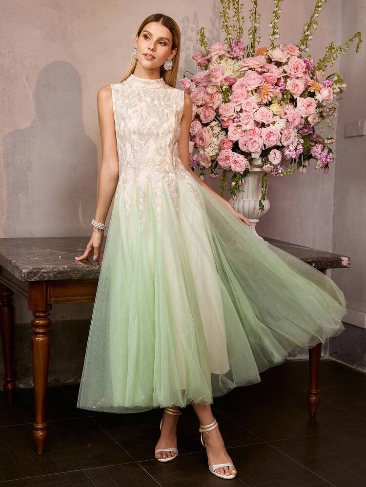 MOTF Soiréza VESTIDO COQUETEL FEMININO COM BORDADO EM TULE E DEGRADÊ COSTAS ABERTAS